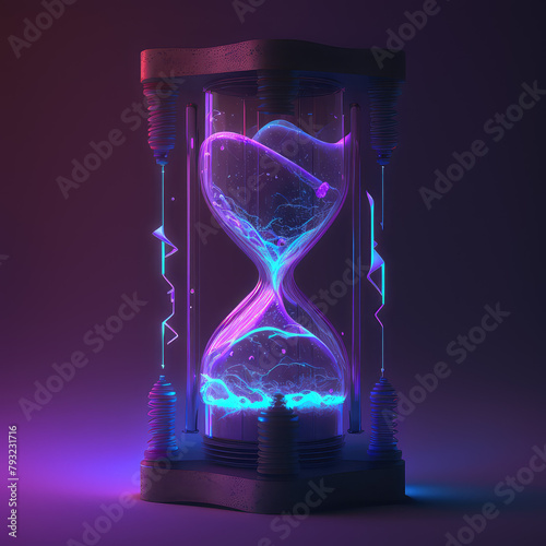 Crystal hourglass with purple neon lines on dark color background. Laser flashlights inside sand clock