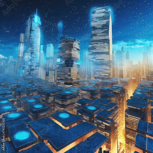 Big data connection technology concept. Cityscape, skyscraper, virtual reality