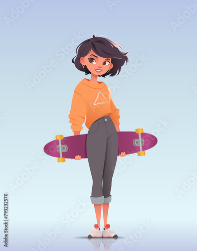 Pretty teenage girl standing and holding pink longboard or skateboard. Wears stylish sneakers. Gradient background. Skateboarding culture. Flat cartoon vector illustration