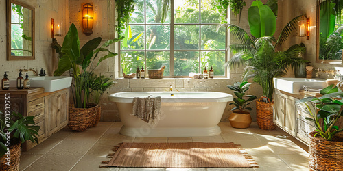 Luxurious bathroom featuring natural stone finishes and tropical chic decor with lush greenery