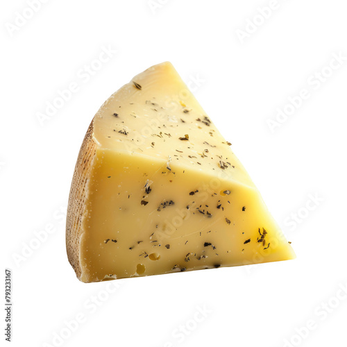 A piece of cheese with a hint of mildew stands alone against a transparent background