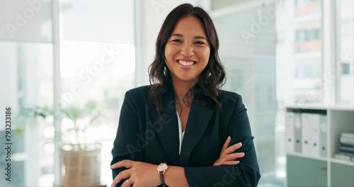 Smile, portrait and confident Asian woman in office with pride, opportunity and job in human resources. HR manager, about us and consulting agency for employee relations, compliance and legal advice. photo