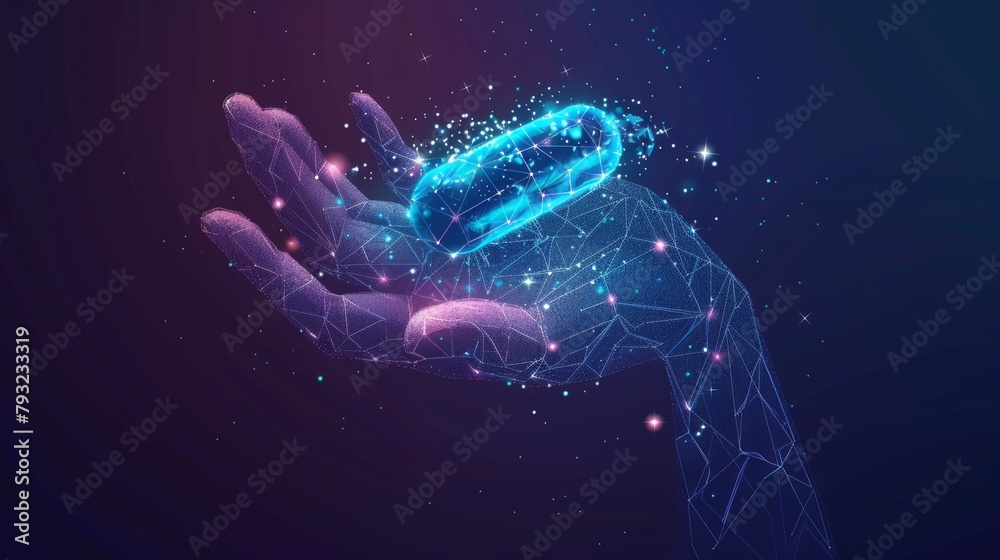 An illustration of a capsule pill and molecules held in a hand, conveying a health care vector concept. This banner features a low poly vector representation of a starry sky or cosmos.
