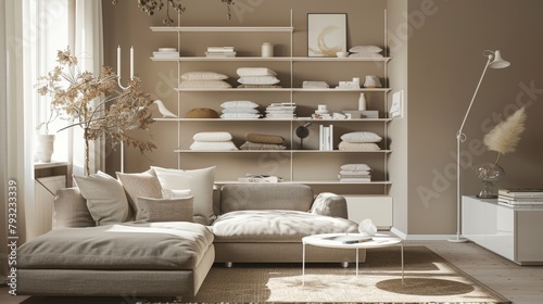 Elegant minimalist living room with neutral tones and stylish decor