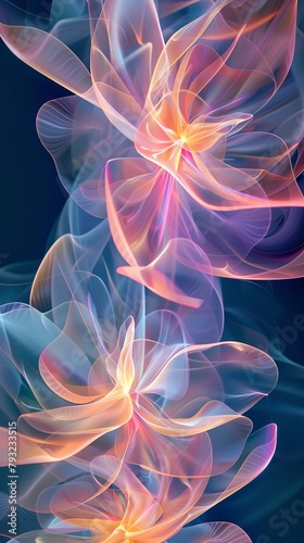 Digital artwork of glowing neon flowers with a dynamic translucent effect on a dark blue background