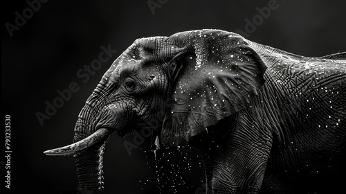 A black-and-white image of an elephant using its trunk to splash water on its face, displaying tusks