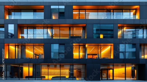 A building with many windows lit up at night, AI