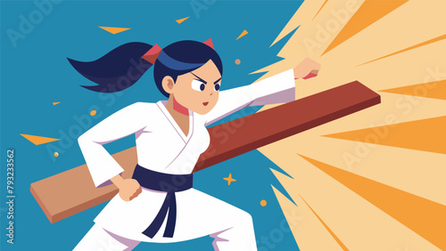 A female martial artist breaking a wooden board with her hand showcasing her strength and determination.