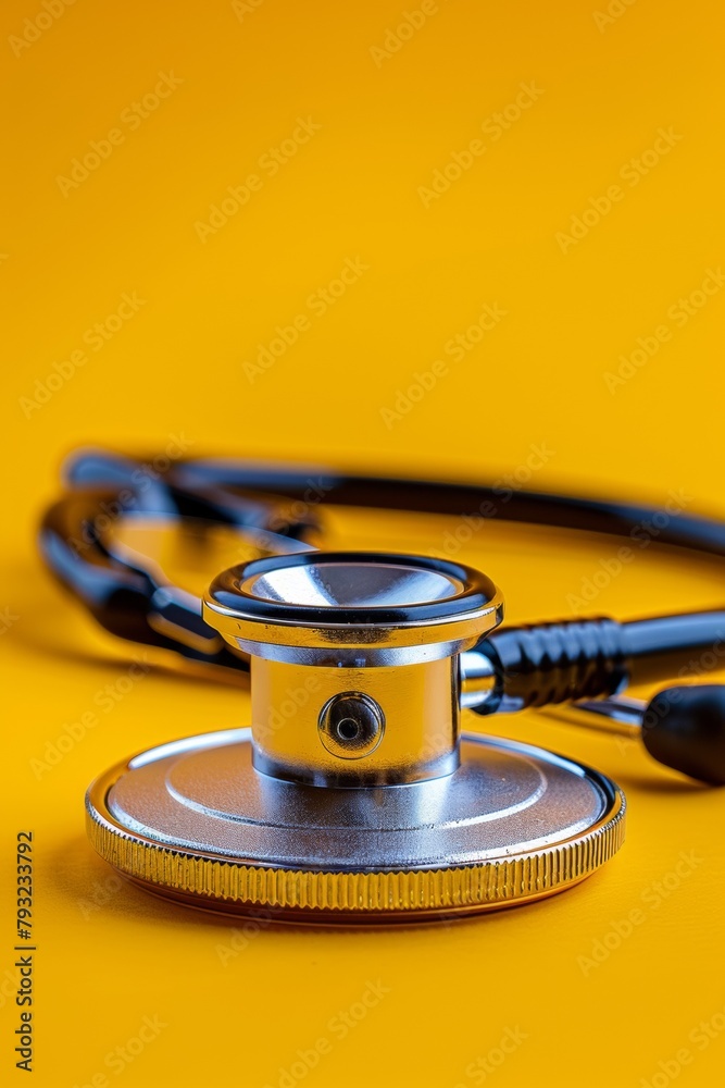 A stethoscope on a yellow background with black cord, AI A stethoscope on a yellow background with black cord, AI