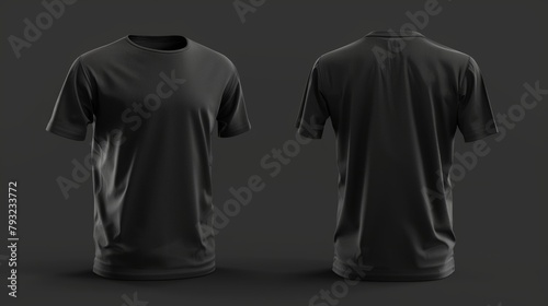 Blank black clean t-shirt mockup, isolated and showcasing front and back views in 3D rendering. This mockup serves as a template for football clothes, presented in a classic short style.