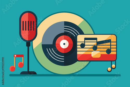 A record player and microphone surrounded by music notes in a simple and minimalist setting, music recording, Simple and minimalist flat Vector Illustration