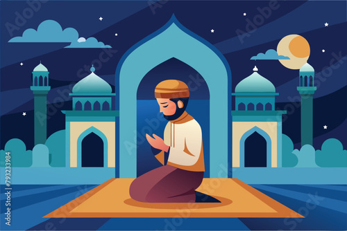 A man sits on a rug in front of a mosque, possibly praying or meditating, Muslim praying in the mosque, Simple and minimalist flat Vector Illustration