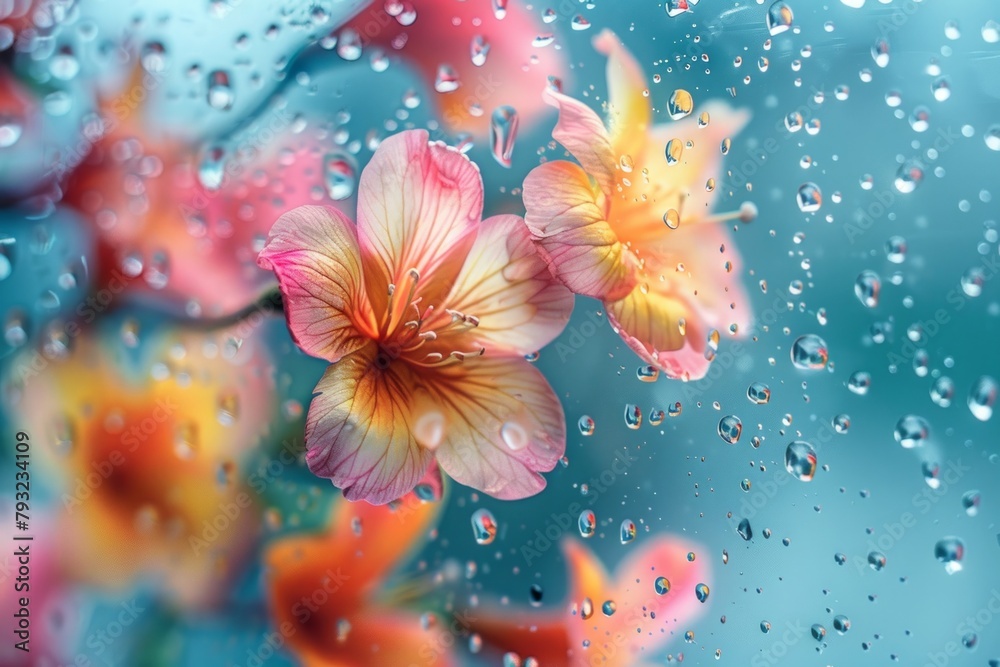 beautiful pastel blooming flowers behind a window on rainy day beautiful pastel blooming flowers behind a window on rainy day