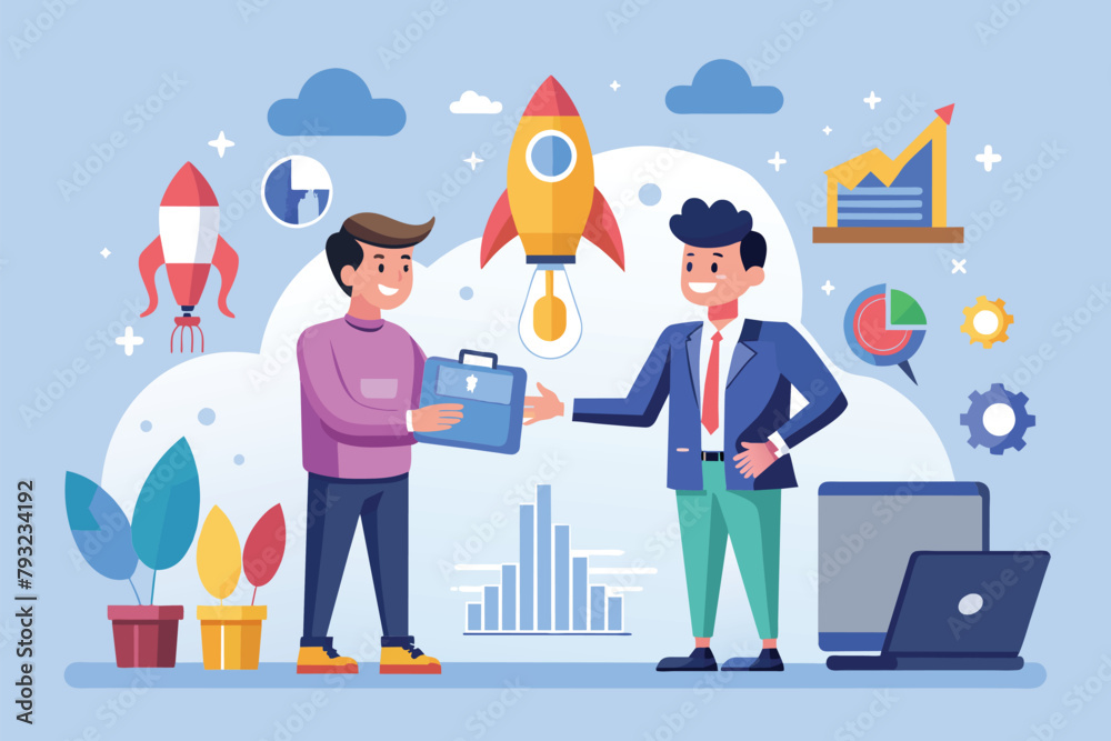 Two business professionals shaking hands in agreement in front of a laptop during a new startup business deal, New start up business deal, Simple and minimalist flat Vector Illustration Two business professionals shaking hands in agreement in front of a laptop during a new startup business deal, New start up business deal, Simple and minimalist flat Vector Illustration