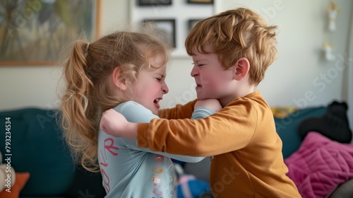 Two young siblings having a fight at home photo