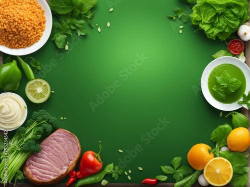 Green cooked food on a powerpoint background, with space for text.