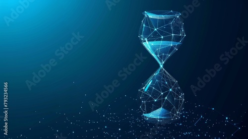 Hourglass icon composed of lines and triangles, with points connecting in a network on a blue background. Presented as a vector illustration. © Khalida