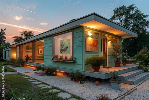 Eco-friendly Mobile Home with Mint Green Art Gallery, Illuminated by Crisp Morning Light in a Serene Setting