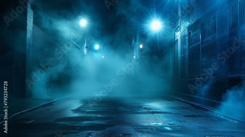 A moody and atmospheric scene depicting a dark  empty street illuminated by neon lights and spotlights against a dark blue background