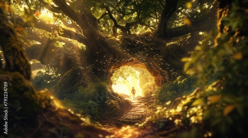 An imaginative abstract background illustrating a route winding through a majestic big tree
