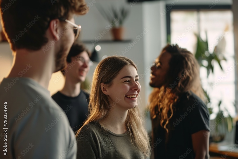 Group of young people in casual clothes looking at each other and smiling.