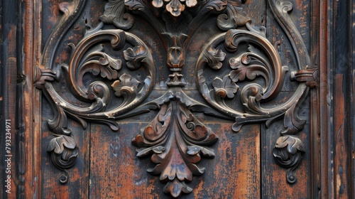 Closeup of a meticulously carved wooden door now warped and deteriorated due to extreme fluctuations in temperature and humidity caused by climate change. .