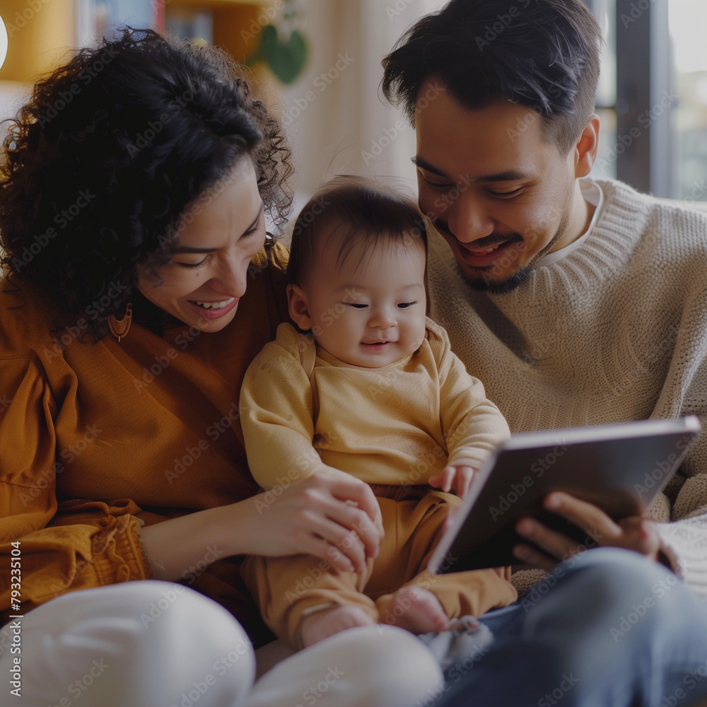 Happy parents, having fun, using laptop, holding cute little baby child sitting on couch Happy parents, having fun, using laptop, holding cute little baby child sitting on couch