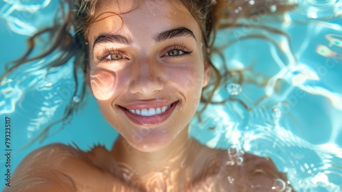 A woman smiling while floating in a pool of water, AI