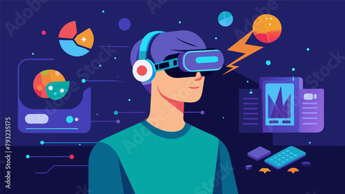 A man wearing a futuristic headset controlling a virtual game with his thoughts..