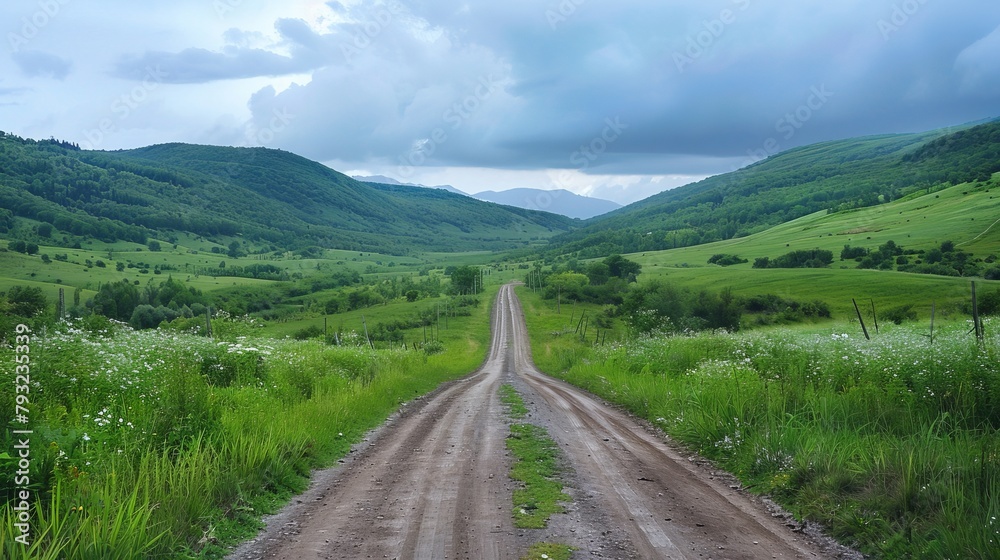 A winding country road cuts through lush green mountains under a clear summer sky A winding country road cuts through lush green mountains under a clear summer sky