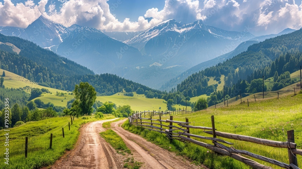 A winding country road cuts through lush green mountains under a clear summer sky