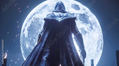 Man cloaked in mystery stands against moon, embodying warrior spirit amidst gloomy ambiance and historical backdrop.