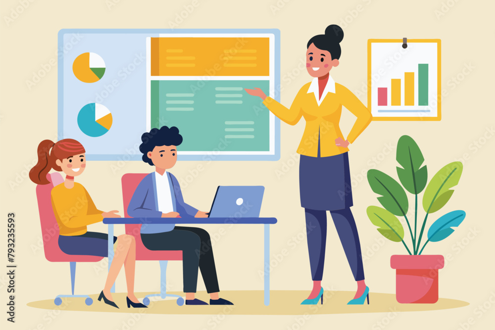 A woman presenting to a group of people in an office setting, Office secretary doing meeting presentation, Simple and minimalist flat Vector Illustration