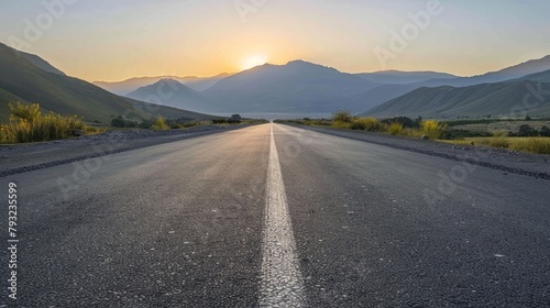 An empty asphalt road stretches towards a mountain range, illuminated by the soft glow of sunrise