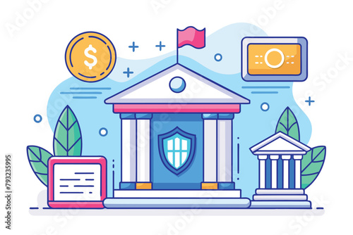 A building featuring a flag, flagpole, and scattered money in a simple and minimalist setting, Online banking security, Simple and minimalist flat Vector Illustration