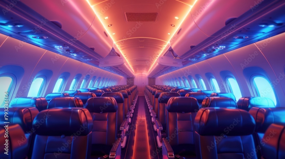 The interior of a passenger aircraft captured in full light, showcasing an empty salon view - obrazy, fototapety, plakaty 