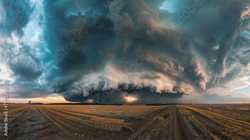 A dramatic scene as a massive storm cloud looms over open fields, signaling an impending storm photo