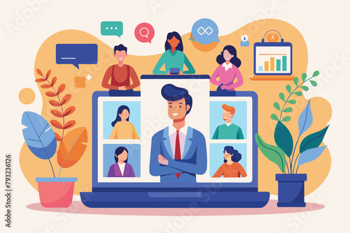 A man sitting at a laptop attending a virtual meeting with people displayed on the screen, Online business conference, virtual meeting, Simple and minimalist flat Vector Illustration