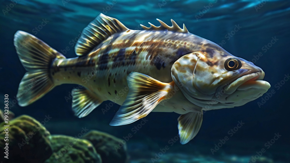 Fototapeta premium Cod Swimming Hunting For Food In Its Natural Habitat Underwater Photography Style 300 PPI High Resolution Image