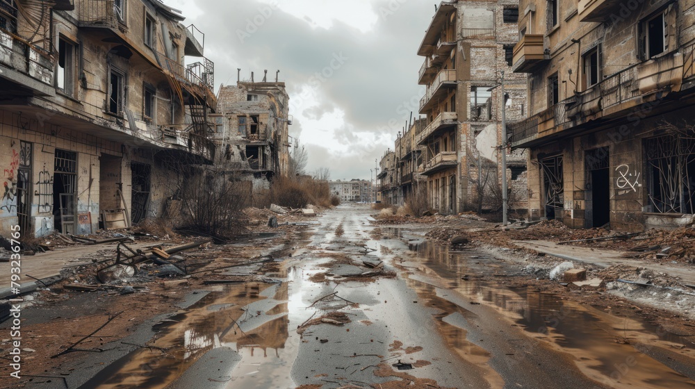 City ruins after apocalypse, apocalyptic collapse, building destruction, urban decay. City ruins after apocalypse, apocalyptic collapse, building destruction, urban decay.