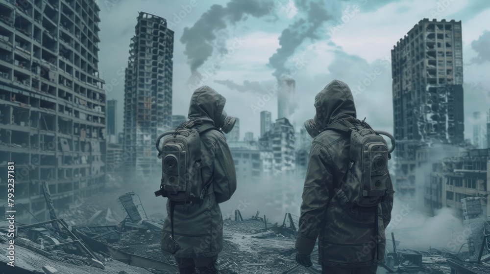 Portrait of woman and man wearing gas masks in post-apocalyptic city, safety, pollution protection. Portrait of woman and man wearing gas masks in post-apocalyptic city, safety, pollution protection.