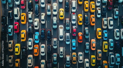 An aerial view capturing numerous cars stuck in a dense traffic jam, highlighting urban congestion