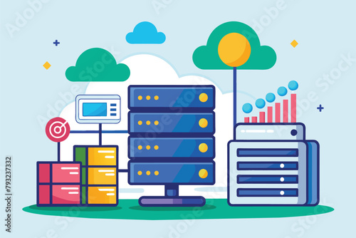 Piles of Data on Blue Background, online database big data storage information base computer application, Simple and minimalist flat Vector Illustration