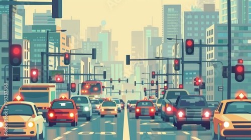 A vibrant vector illustration showcasing urban traffic in a lively flat style, ideal for urban planning and transportation themes
