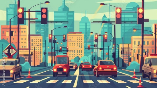 A vibrant vector illustration showcasing urban traffic in a lively flat style, ideal for urban planning and transportation themes photo