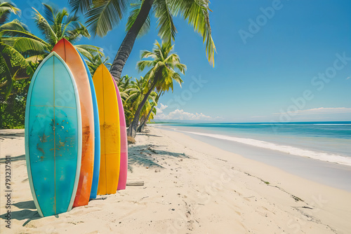 Colorful surfboards standing on a beach with beautiful sea and palm trees background in summer time © ink drop
