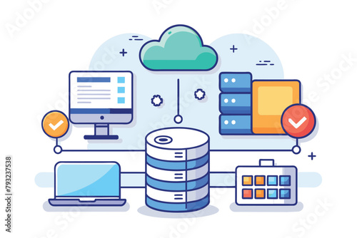 Cloud Computing System With Laptop and Monitor, online database cloud disk, data storage information base computer applications, Simple and minimalist flat Vector Illustration