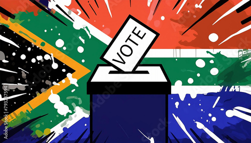 Concept of voting. Casting a ballot in front of a South African flag 