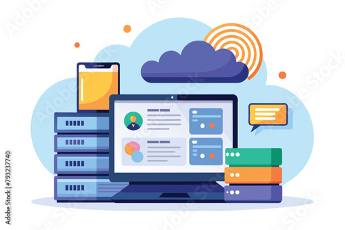 A laptop computer placed on top of a stack of books, man with laptop managing cloud data database folder, Simple and minimalist flat Vector Illustration