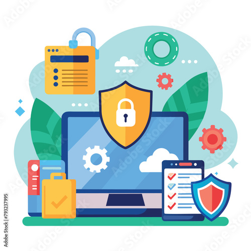 A padlock secured on top of a laptop, emphasizing online data security, Online data security restoration, Simple and minimalist flat Vector Illustration